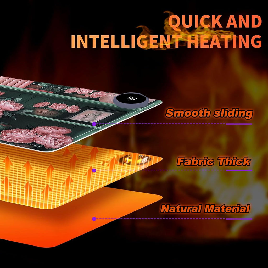 Heated Mouse Pad 23.6 x 14 in 3-Temp Fast Heating Desk Mat with Auto Timer Warmer for Hands Wrist Pain Relief Waterproof Keyboard Mat for Office, Gaming, Home, Vintage Floral Bookshelf