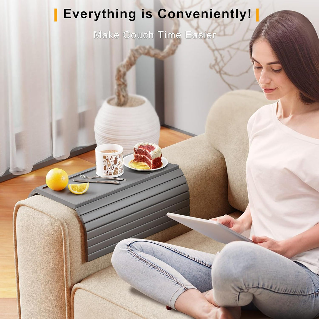 Bamboo Sofa Armrest Tray Table for Couch - 2-in-1 Foldable Couch Arm Table with Be Slide Detachable Tray- Anti-Slip Sofa Armchair Caddy for Drinks Cellphone TV Remote Snacks(Gray)