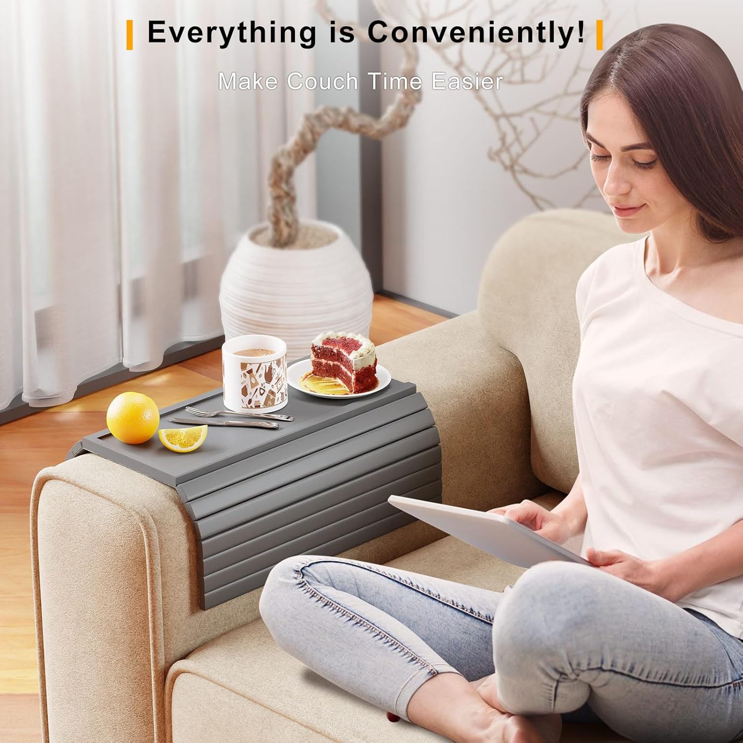 Bamboo Sofa Armrest Tray Table for Couch - 2-in-1 Foldable Couch Arm Table with Be Slide Detachable Tray- Anti-Slip Sofa Armchair Caddy for Drinks Cellphone TV Remote Snacks(Gray)
