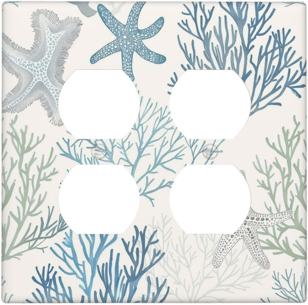 Outlet Covers Ocean Beach Theme Starfish Seashell Coral 2 Gang Double Duplex Decorative Light Switch Covers Electrical Wallplates Socket Faceplate For Bathroom Kids Room Decor