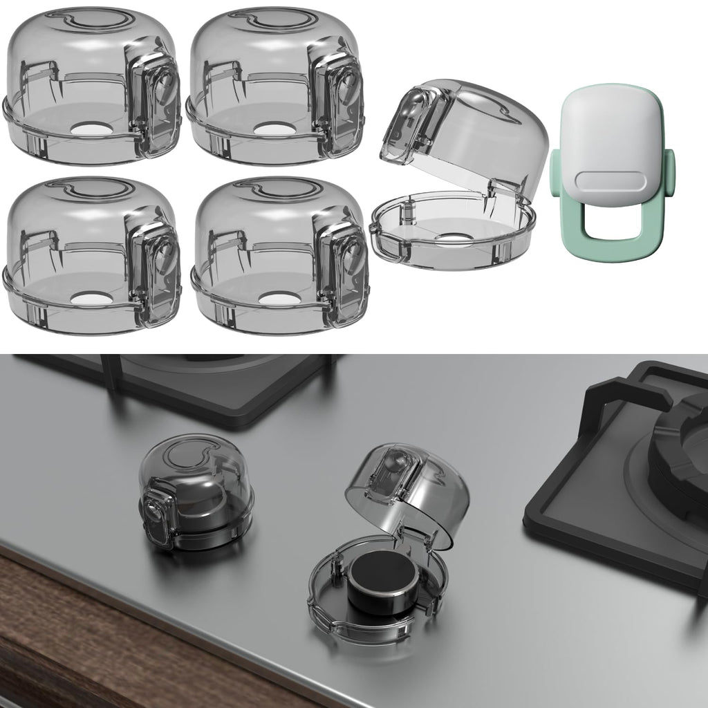 Stove Knob Covers for Child Safety - 5+1 Pack Upgraded Double-Key Design, Universal Fit Gas Oven Knob Locks, Heat-Resistant Clear View Baby Proof Covers for Kids and Pets (Black)