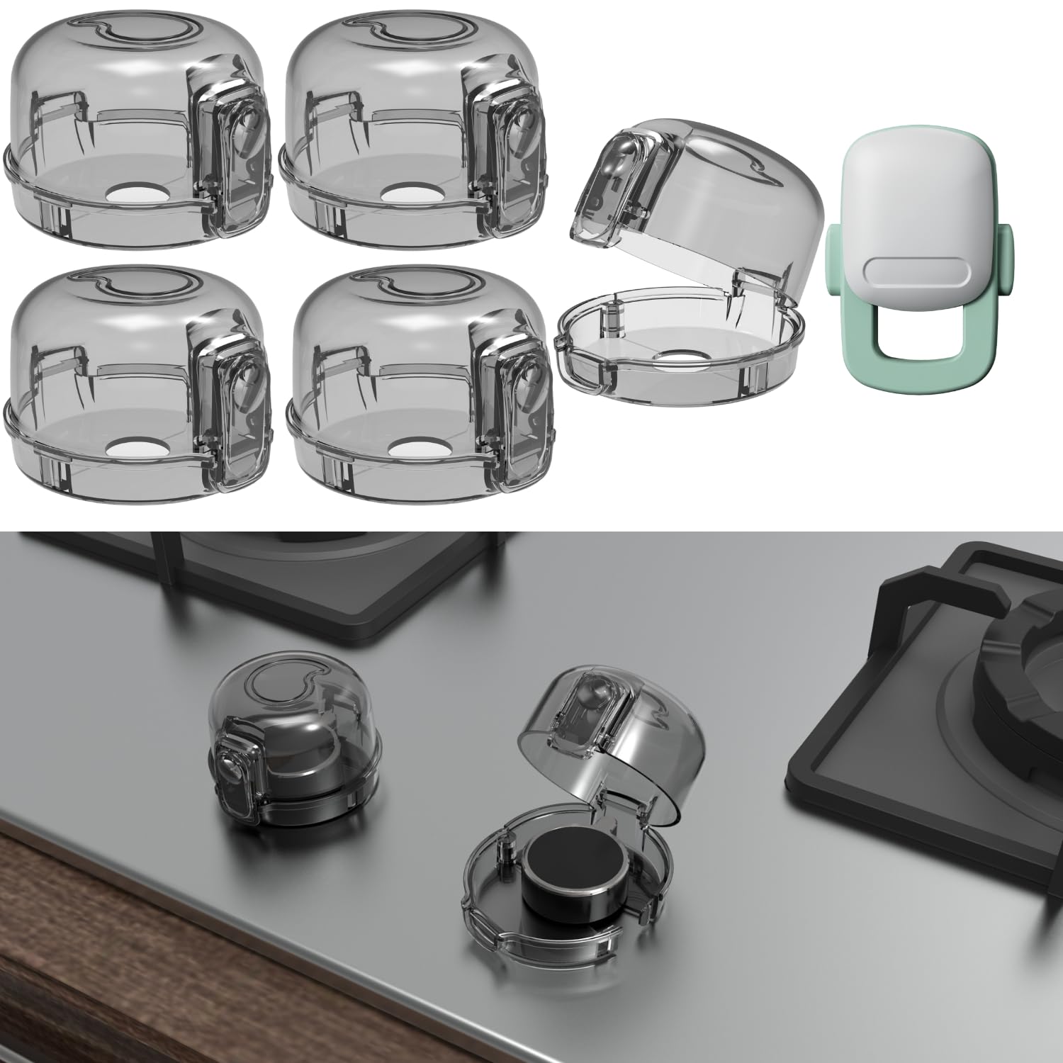 Stove Knob Covers for Child Safety - 5+1 Pack Upgraded Double-Key Design, Universal Fit Gas Oven Knob Locks, Heat-Resistant Clear View Baby Proof Covers for Kids and Pets (Black)