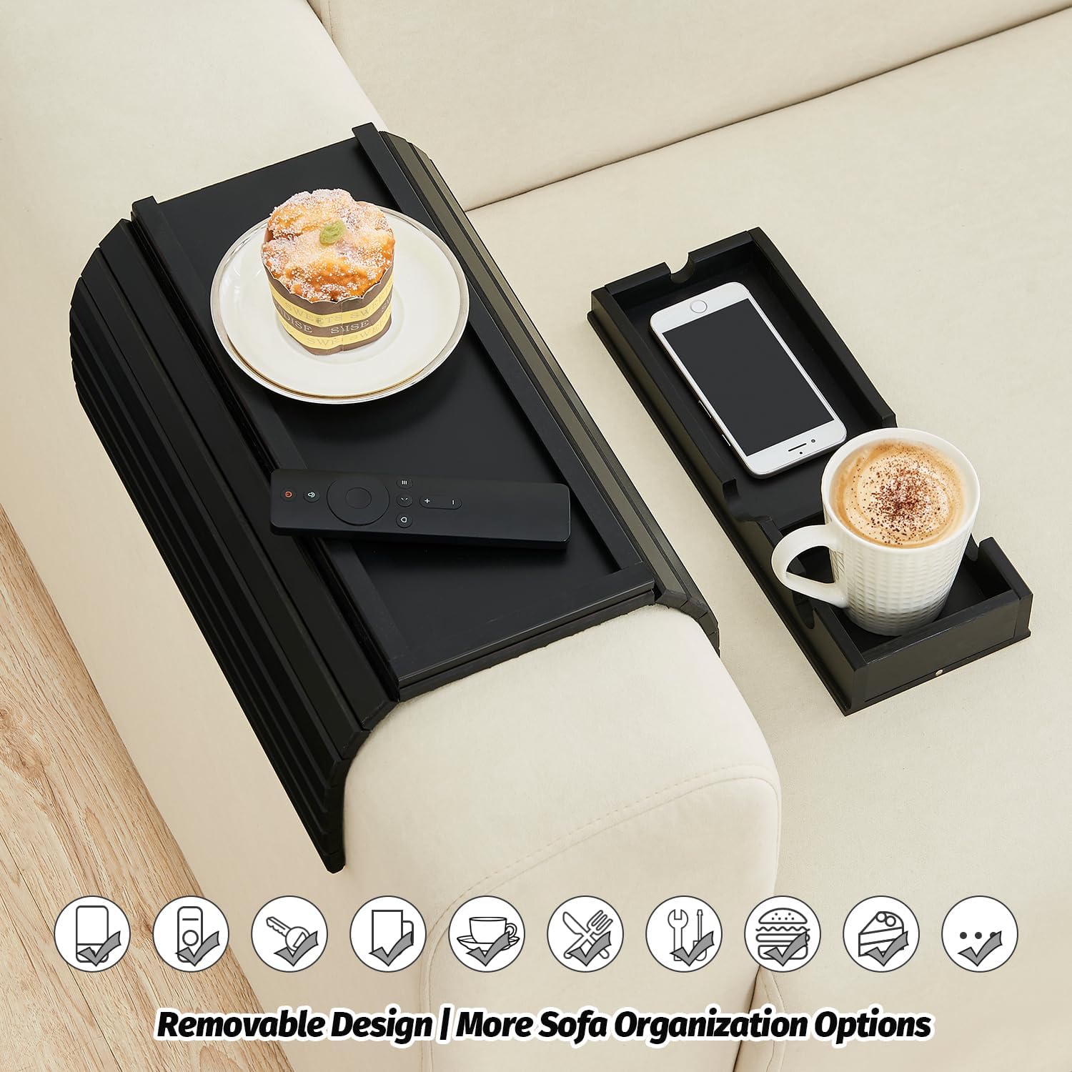 GEHE Detachable Couch Cup Holder, Anti Falling Sofa Arm Tray, Natural Bamboo Sofa Cup Holder More Safe for You Family, Portable Couch Arm Tray Armrest Table for Remote, Snacks, Phone, Drinks