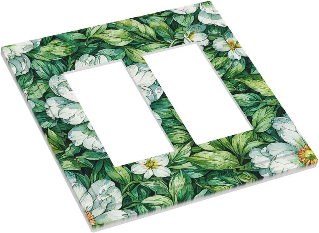Vintage Floral White Flowers Green Plants Leaves Decorative Outlet Covers 2 Gang Double GFCI Rocker Light Switch Cover Plate Electrical Wall Panels for Bedroom Bathroom Decor