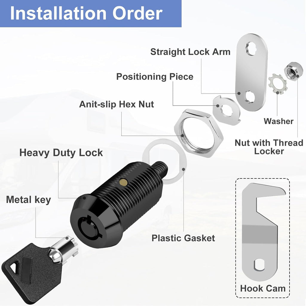 Black Toolbox Lock With Keys, Cabinet Locks Keyed Alike, Hook Cam, Tubular Cam Lock, Tool Box Lock With Manual (1-1/8 Inch 2 Pack-Black)