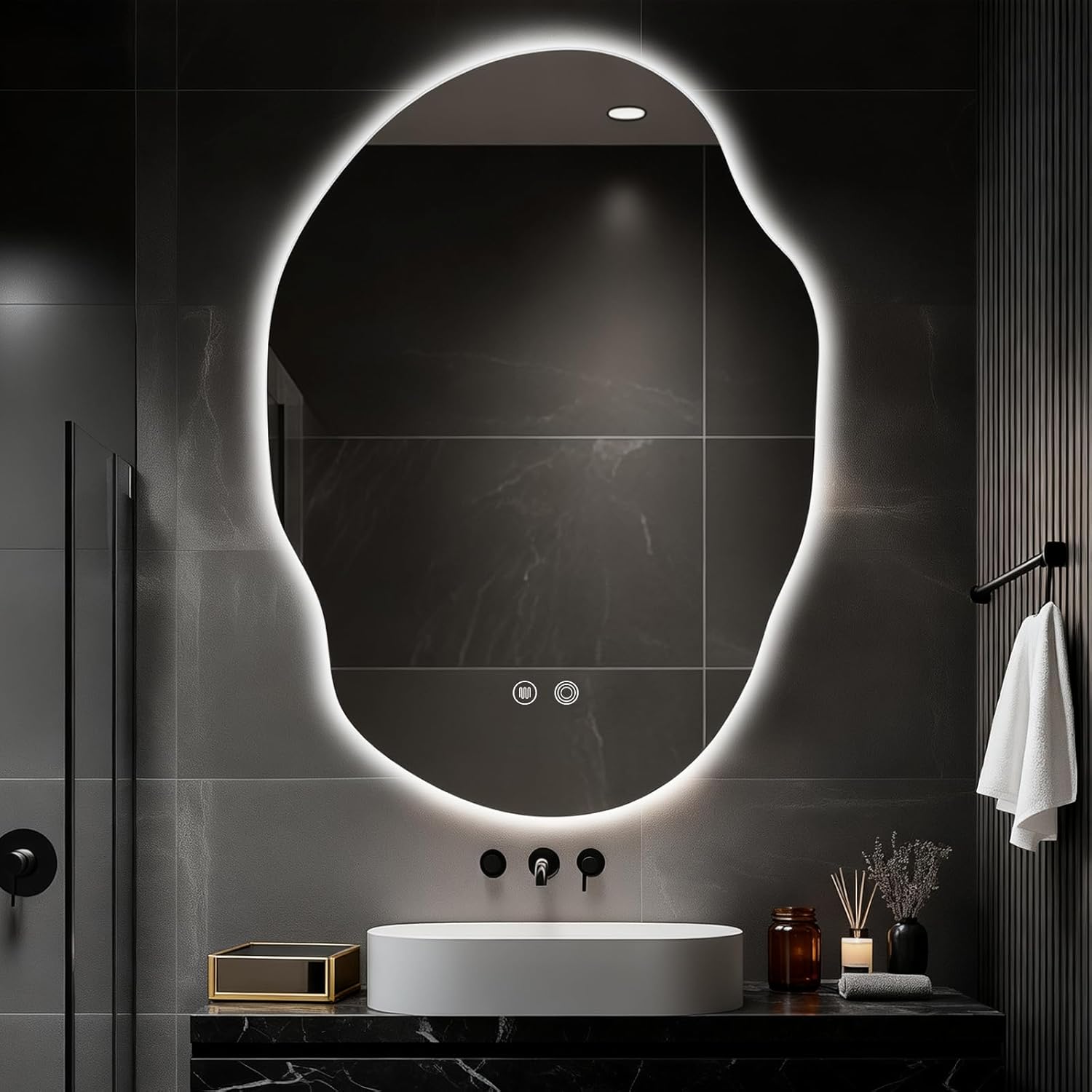 Asymmetrical Bathroom Mirror with Lights,Irregular LED Bathroom Vanity Mirror with Backlit,Anti-Fog,3 Colors and Dimmable Light with Memory,Hardwired Supported[Horizontal/Vertical] 35" H x 25" W