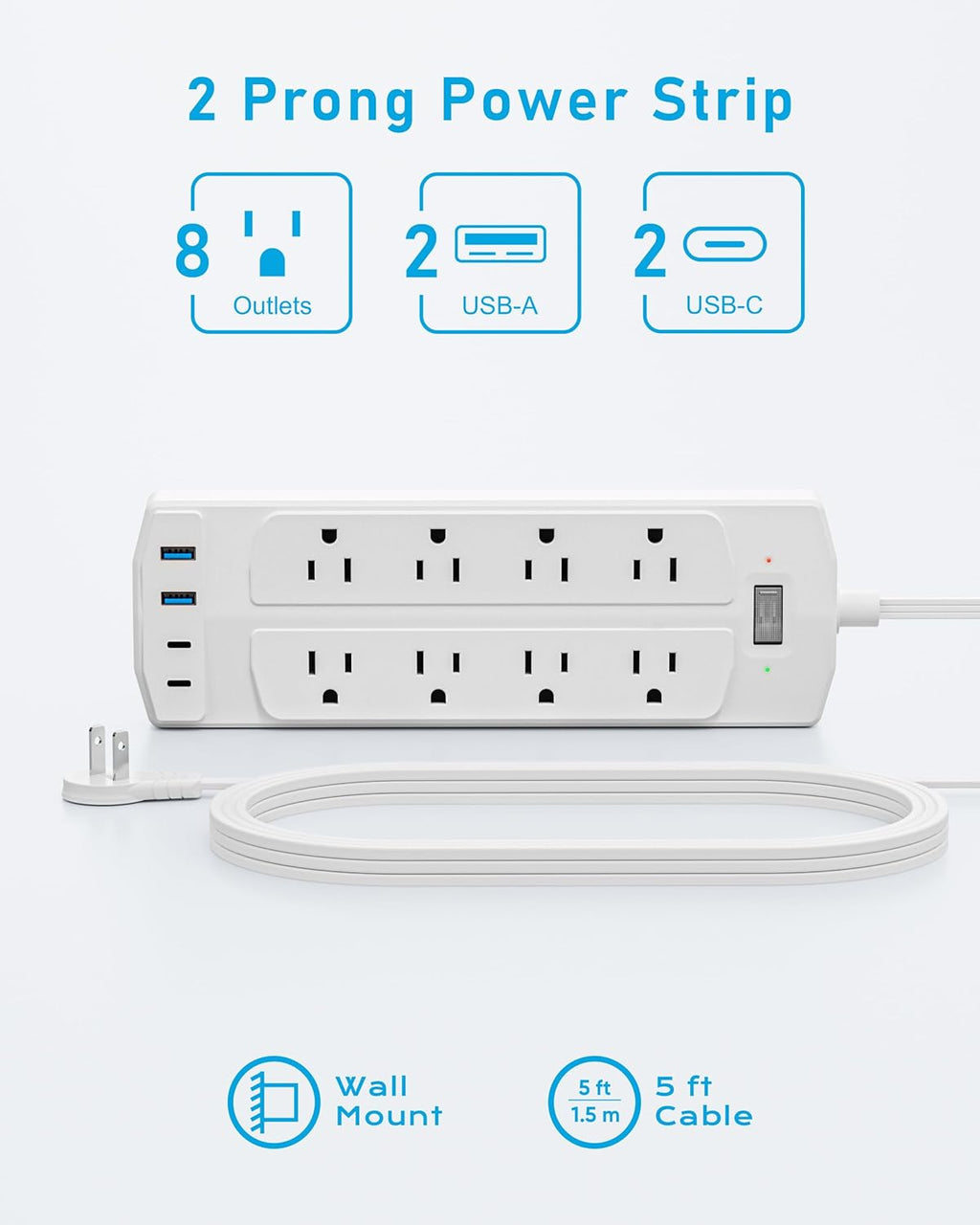 2 Prong Power Strip, Yozisital 2 Prong to 3 Prong Outlet Adapter, 5FT Flat Plug Extension Cord with 8 Outlets 4 USB Ports(2 USB C), Wall Mountable Surge Protector, Ideal for Non-Grounded Outlets
