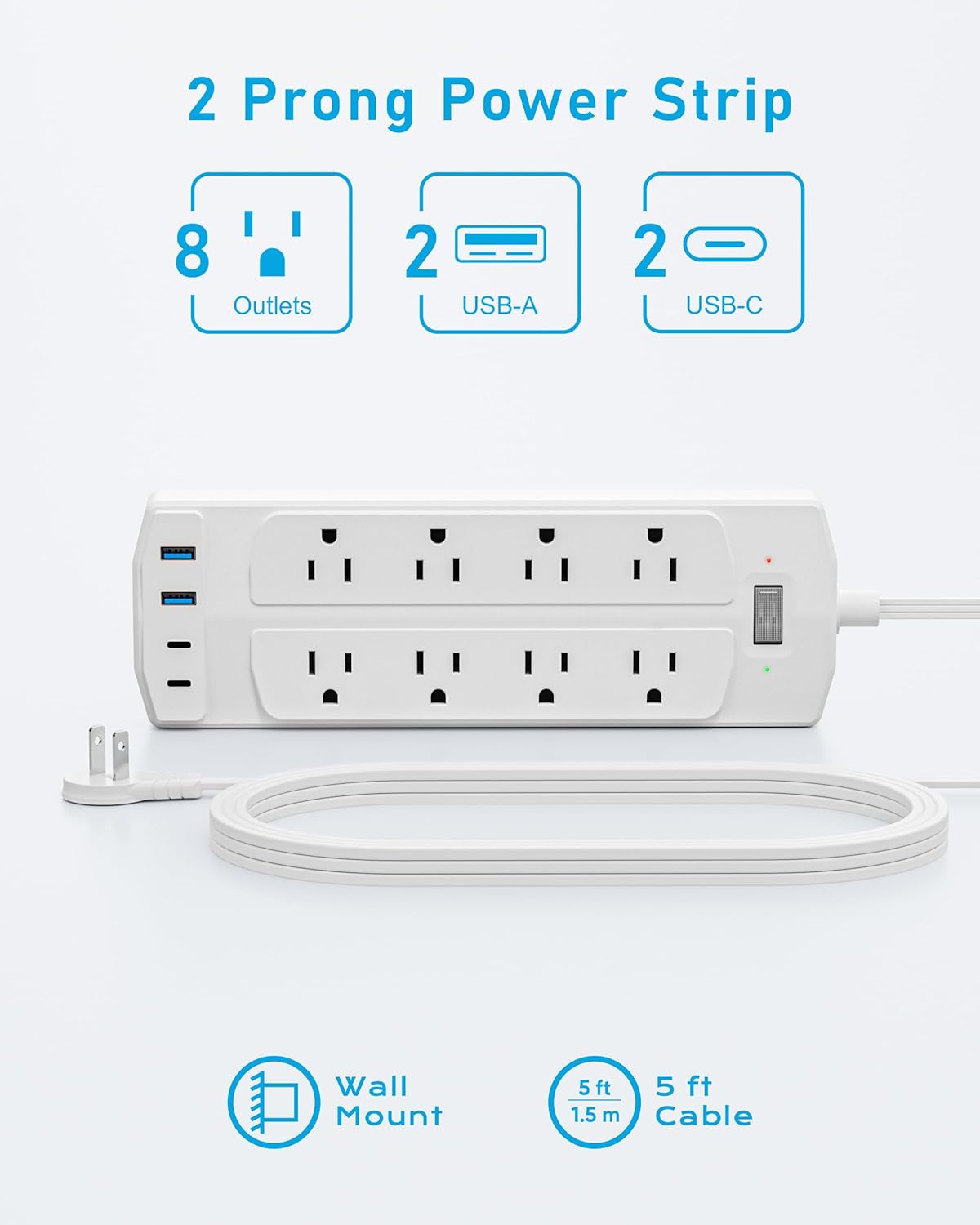 2 Prong Power Strip, Yozisital 2 Prong to 3 Prong Outlet Adapter, 5FT Flat Plug Extension Cord with 8 Outlets 4 USB Ports(2 USB C), Wall Mountable Surge Protector, Ideal for Non-Grounded Outlets