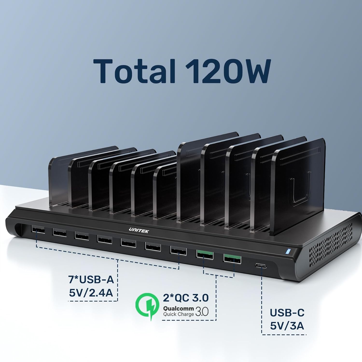 Unitek Multi USB Charging Station - 10 Ports Fast iPad Charging Dock with Type-C & 2 QC 3.0 Port, Charger Station Organizer for Multiple Devices Designed for iPhone, Kindle, Android, Tablets