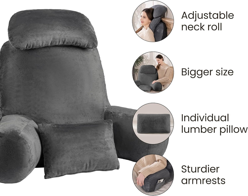 NOONTIDE Reading Pillow for Sitting up in Bed and Couch,32" X-Large Back Pillow for Adult & Teens with Soft Adjustable Neck Roll Backrest Pillow,Washable Cover,Watching TV/Gaming/Relaxing(Darkgrey)