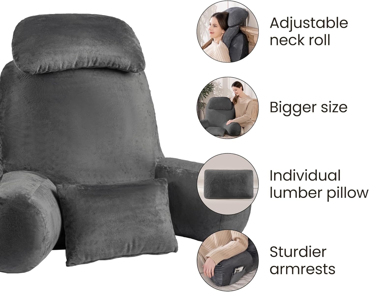 NOONTIDE Reading Pillow for Sitting up in Bed and Couch,32" X-Large Back Pillow for Adult & Teens with Soft Adjustable Neck Roll Backrest Pillow,Washable Cover,Watching TV/Gaming/Relaxing(Darkgrey)