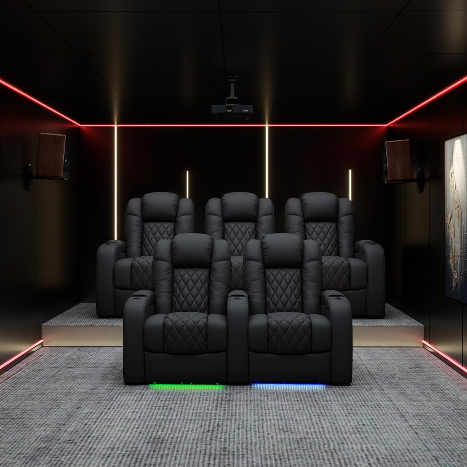 Weilianda Home Theater Seating Top Grain Leather Zero Gravity Recliner Chair Power Headrest Recline Movie Seat Gaming 7 Colors Mood Light Sofa with Tray Table USB Charge Row of 3 Black