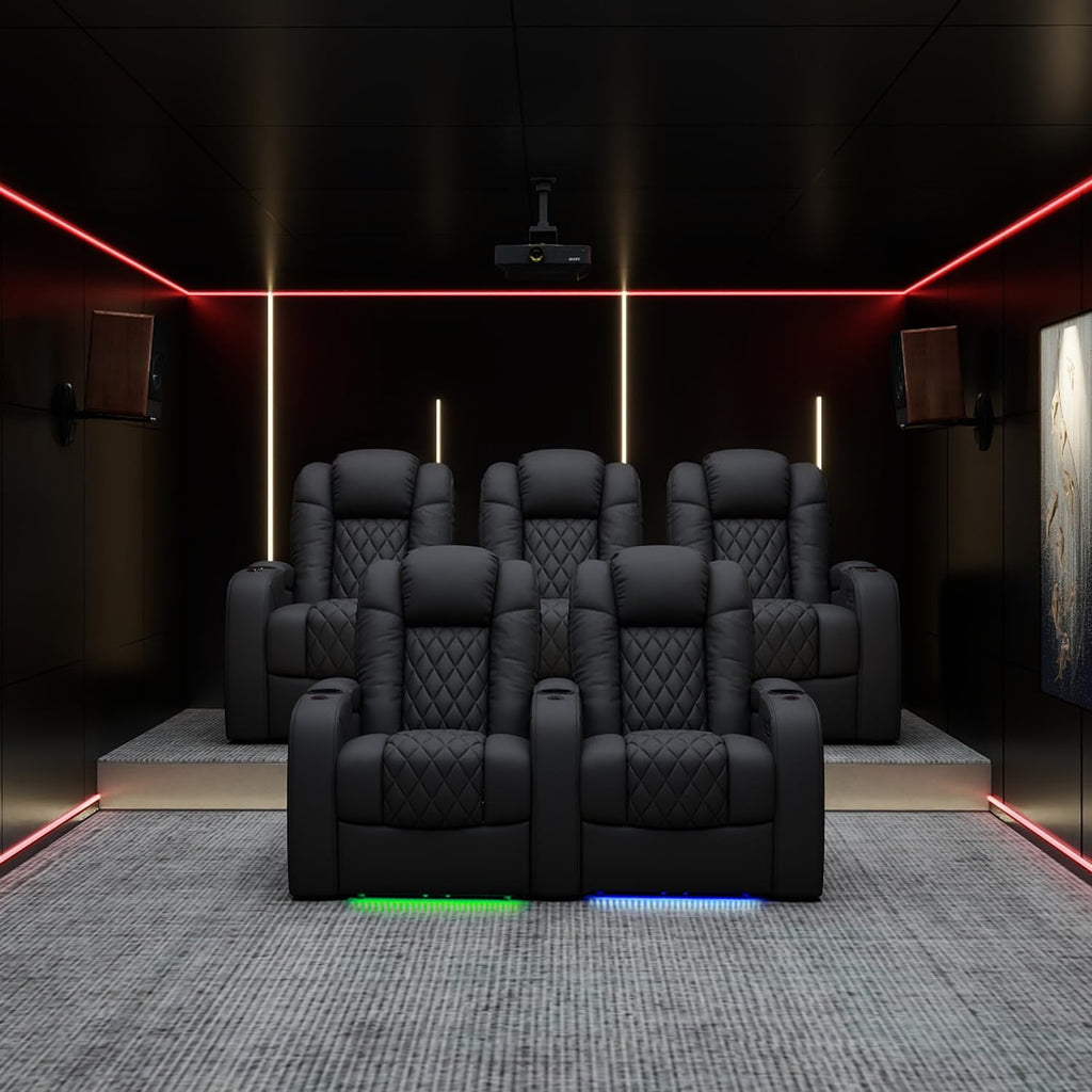 Weilianda Home Theater Seating Top Grain Leather Zero Gravity Recliner Chair Power Headrest Recline Movie Seat Gaming 7 Colors Mood Light Sofa with Tray Table USB Charge Row of 3 Loveseat Right Black