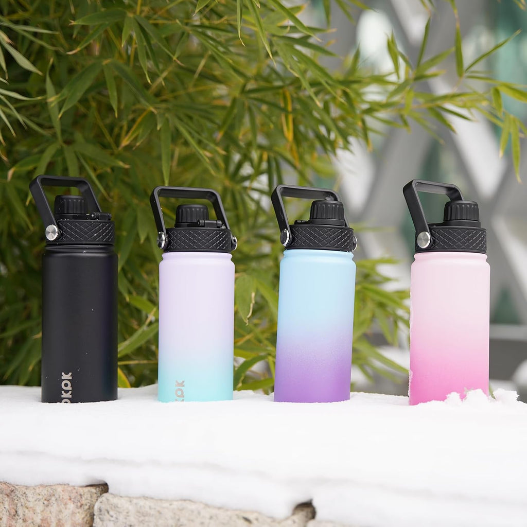 BJPKPK 2 Pack Insulated Water Bottles with Straw Lids, 18oz Stainless Steel Metal Water Bottle with 6 Lids, Leak Proof BPA Free Jugs, Cups, Flasks for Travel, Sports (Lavender Green+Black)