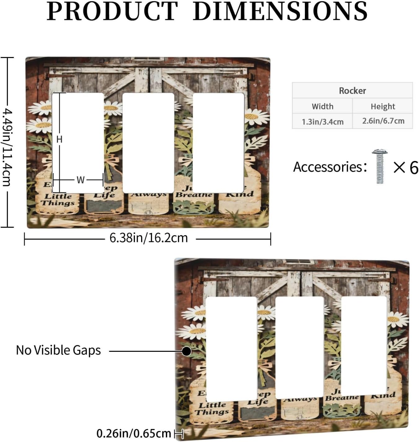 Rustic Daisy Barn Door Flowers 3 Gang Triple Rocker Decorative Light Switch Covers Electrical Faceplate Switch Plates for Bathroom Kitchen Home