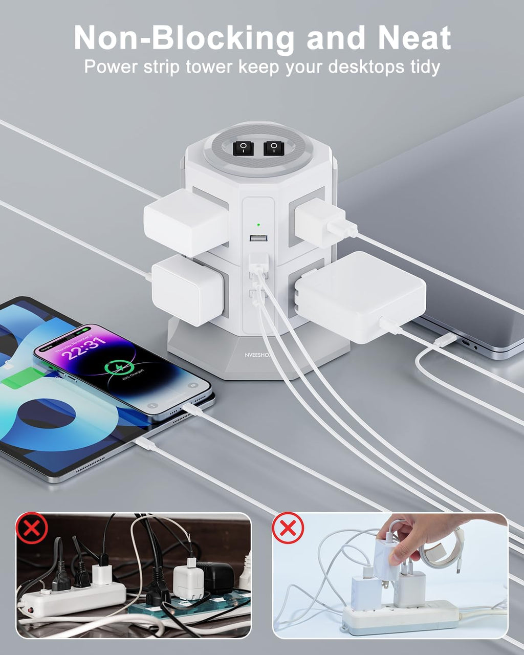 Tower Surge Protector Power Strip Flat Plugs with 8 Outlets 4 USB Ports (2 Type C), 6.5 FT Flat Extension Cord with Multiple Outlets, Charging Station with Surge Protection for Home Office Dorm