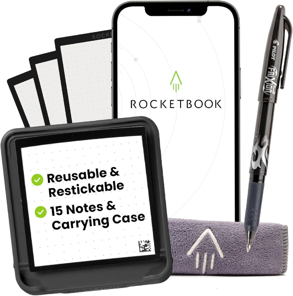 Rocketbook Reusable Sticky Notes Starter Pack, Restick and Reorganize Memo Pads, 3"x3", 15 Black Sticky Notes, Includes Pen, Towel + Carrying Case (Kit of 1)