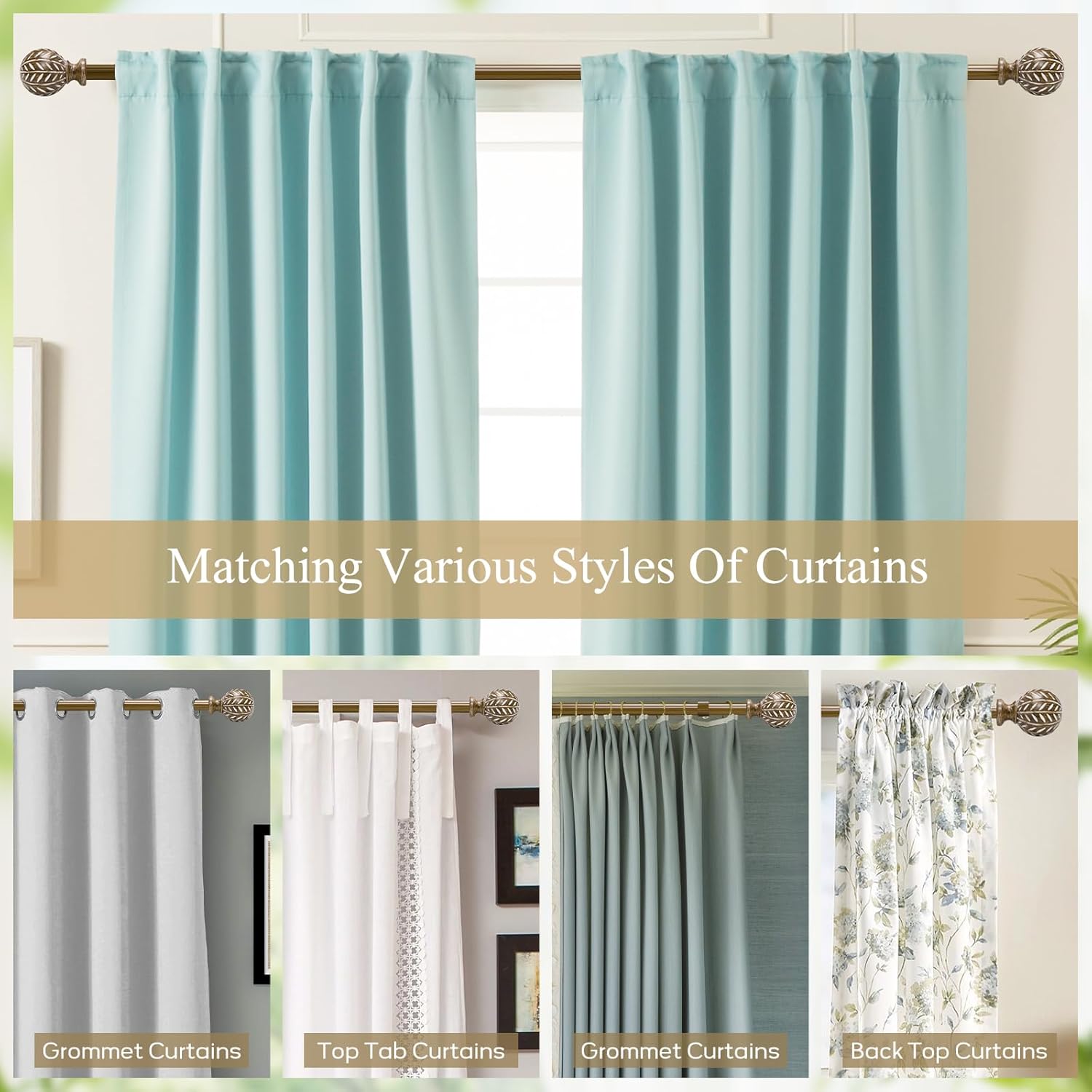 Boho Wooden Curtain Rods for Windows 28 to 48 Inches(2.3-4 ft), Adjustable-Heavy Duty 1" Diameter Drapery Rod with Imitation Wood-Grain Leaf-Pattern Finials - for Living Room & Bedroom，18-45''