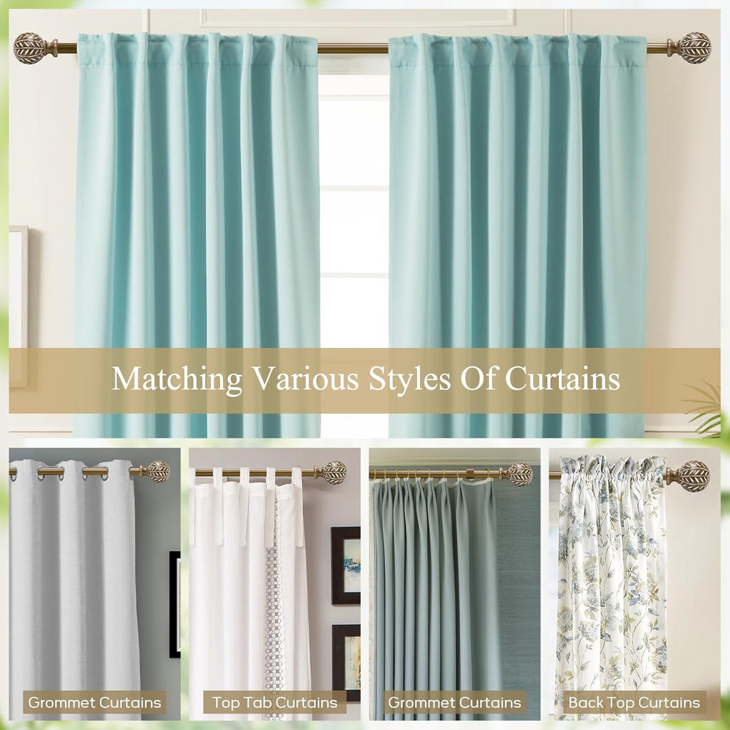 Boho Wooden Curtain Rods for Windows 66 to 120 Inches(5.5-10ft), Adjustable Heavy Duty 1" Diameter Drapery Rod with Imitation Wood-Grain Leaf-Pattern Finials - for Living Room & Bedroom，36-120''