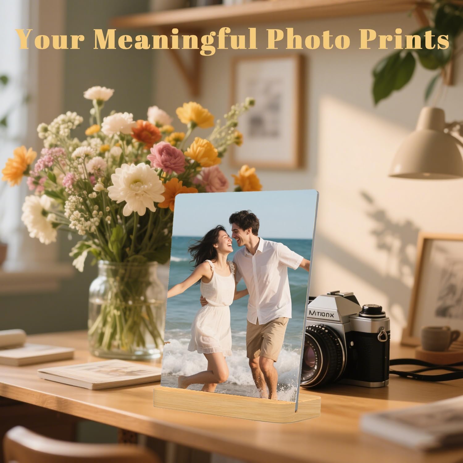 Custom Metal Photo Prints，Personalized Your Own Picture Frame, Customize Photo Prints with Wooden Base，Personalized Metal Picture Gift for Lovers，Family，Boyfriend，Friends