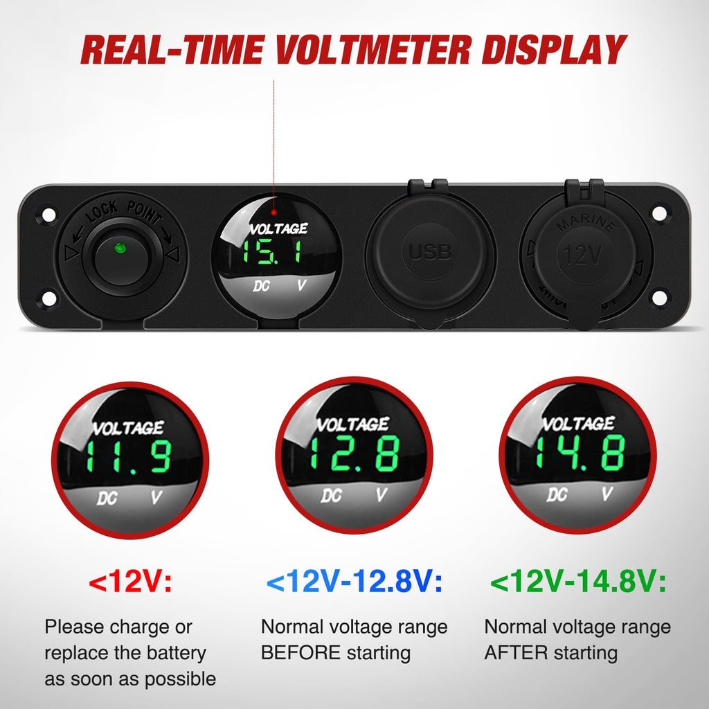 Nilight 4 in 1 ON/Off Charger Socket Panel Dual USB Socket Power Outlet LED Voltmeter Cigarette Lighter Sockets Led Lighted On Off Rocker Toggle Switch for Truck Car Marine Boats RV
