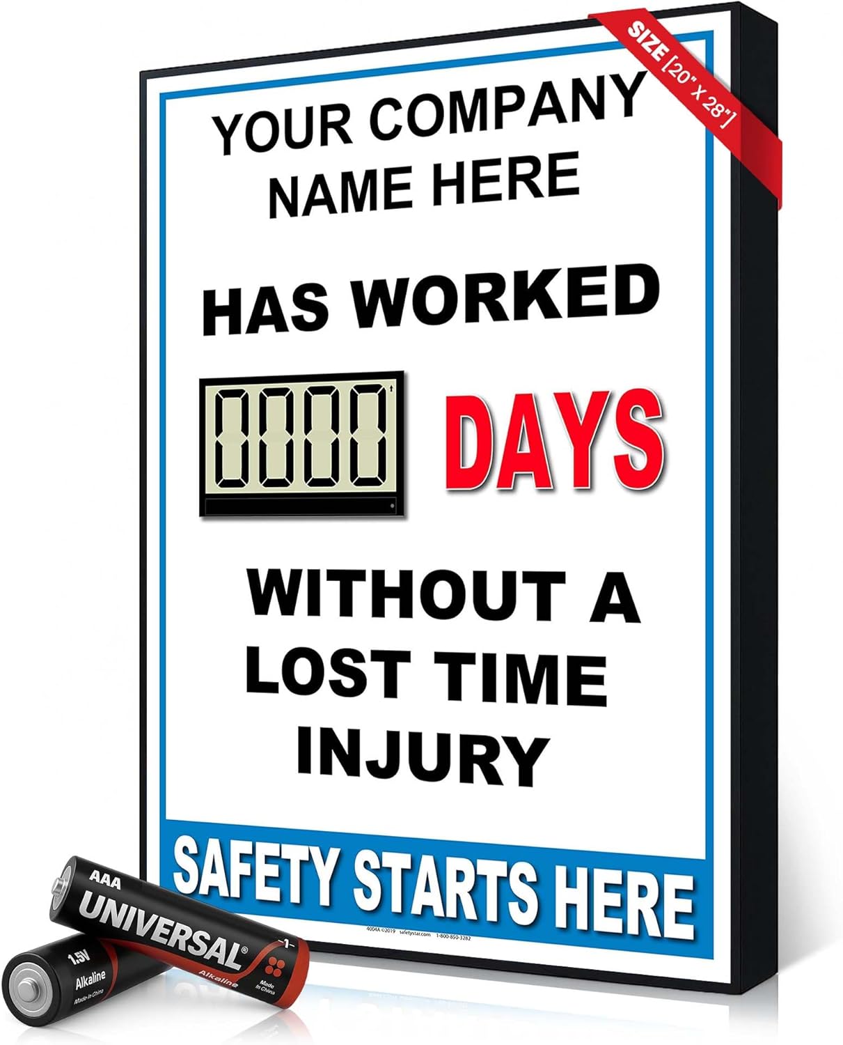 Full Size Digital Safety Scoreboard 20" x 28" – Battery Operated LED Scoreboard, Electronic Scoreboard, Large Digital Timer, Digital Scoreboard with Remote, Safety Sign for Workplace, Custom Office, Indoor Use