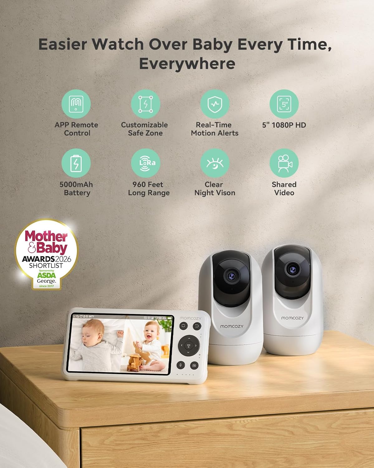 Momcozy BM04 Smart WiFi Baby Monitor with 2 Cameras, 5'' 1080P Split Screen Video Baby Monitor with Camera and Audio, Clear Night Vision, 5000mAh Battery, 2-Way Audio