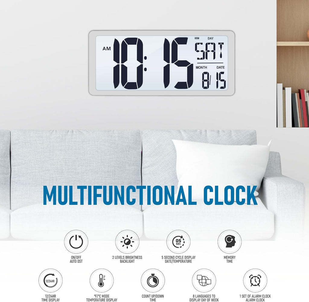TXL 18.44" Large Digital Wall Clock with Backlight, Battery Operated Alarm Clock with Day, Date & Temperature, Jumbo Display Digital Count Up Down Timer Clock for Hoom,Classroom Room,Office