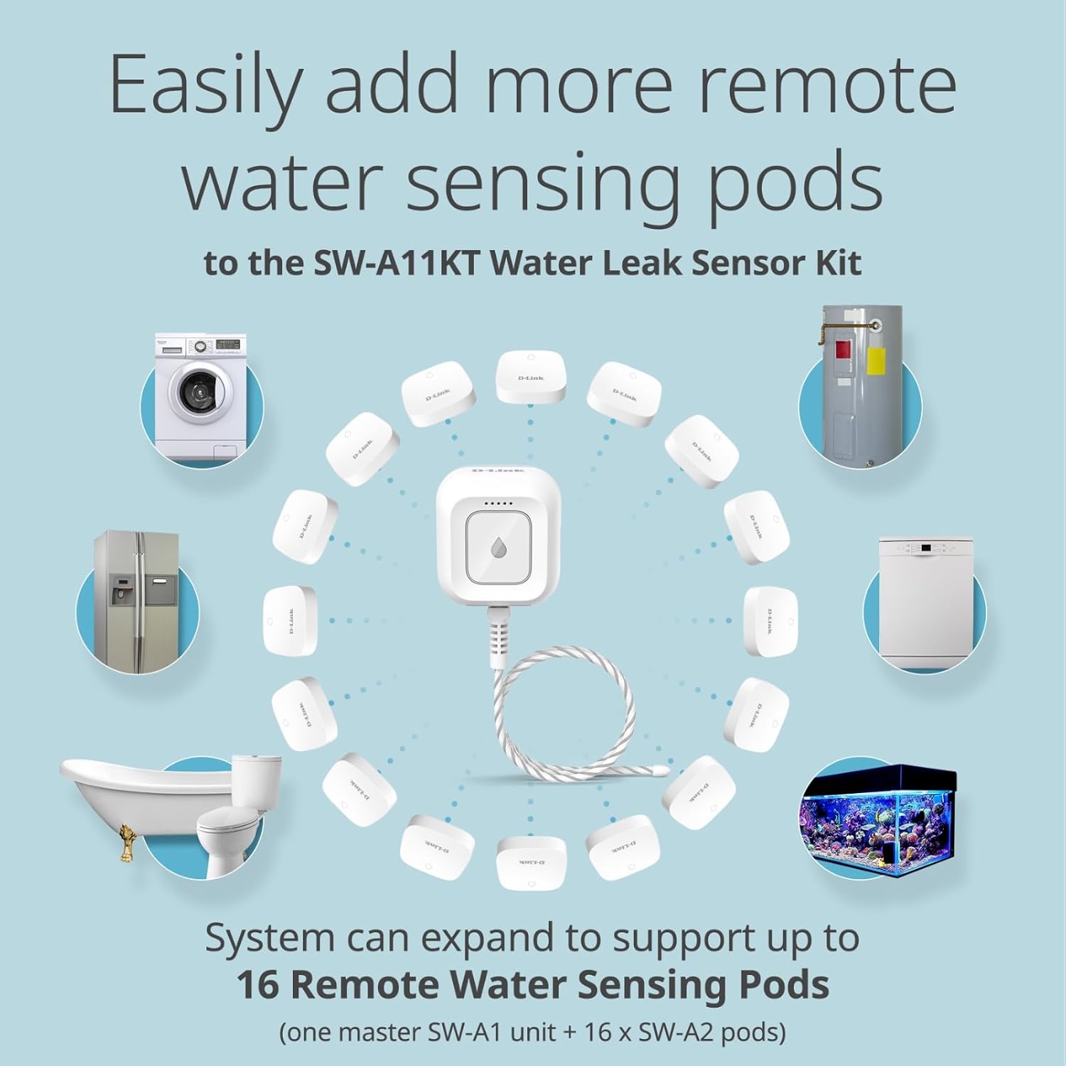 D-Link Add-on Remote Battery-Powered Water Leak Sensing Pod, Long-Range, Compatible Only with SW-A11KT, Single and Multi-Pack (SW-A2)