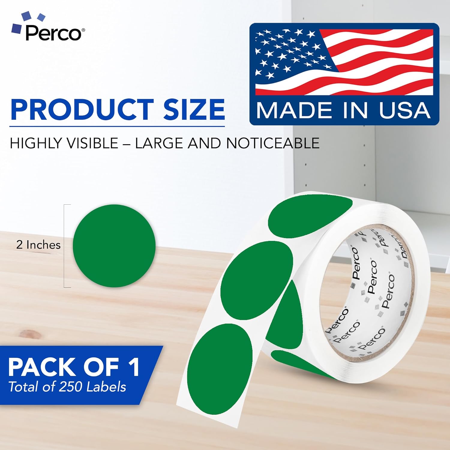 Perco Green 2-Inch Perforated Circle Dot Sticker Labels — 250 Round Stickers Per Roll — with Permanent Adhesive for Organizing, Color Coding, Bin Labeling, Packaging Alerts — Made in USA