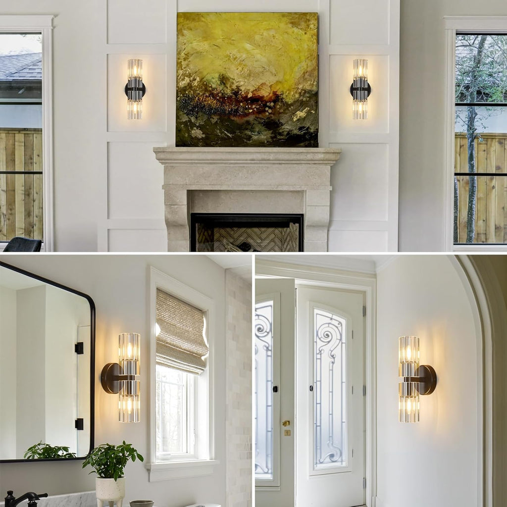 Modern Black Wall Sconces Set of Two Bedroom Crystal Wall Sconces Indoor Sconces Wall Lighting Living Room Sconces with K9 Crystal Lampshade for Bathroom Hallway Entryway Stairway
