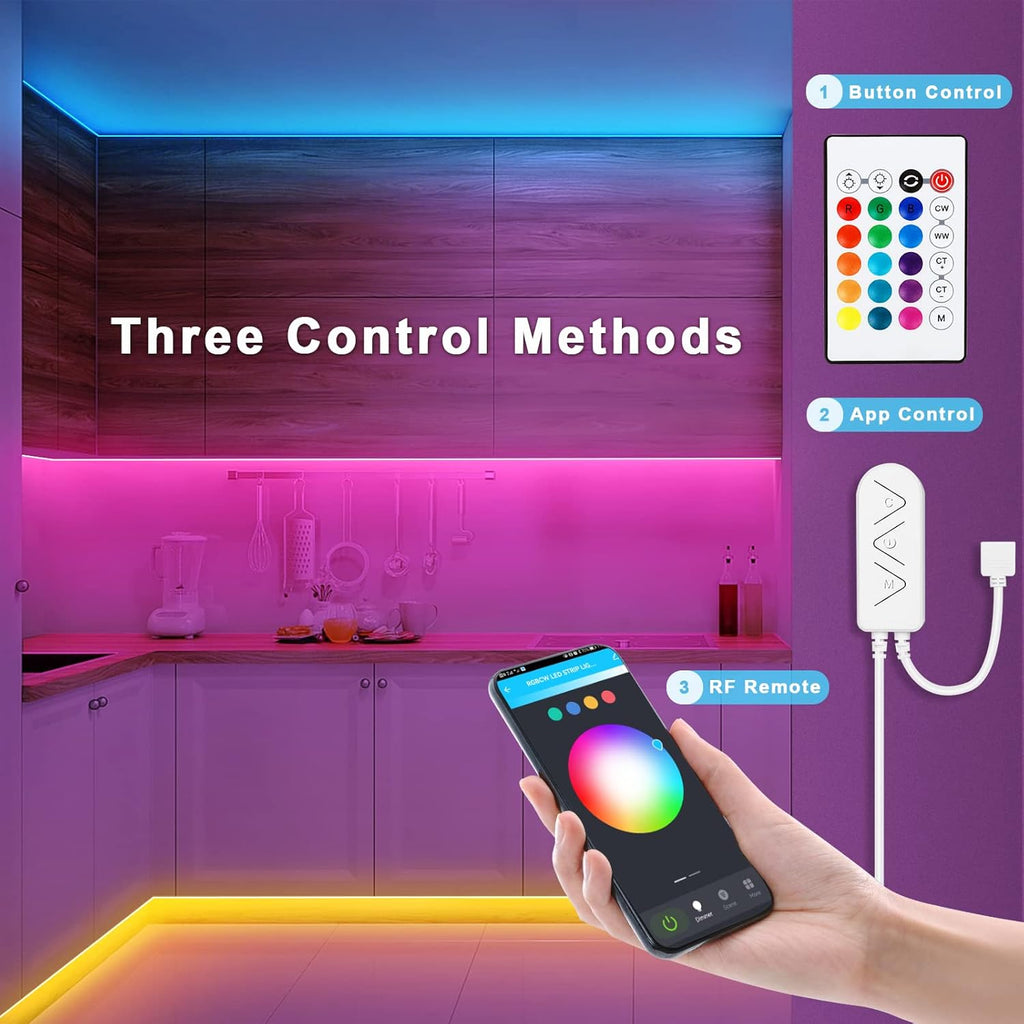 RGBWW Bluetooth LED Strip Lights, 65.6ft Tunable White 3000K to 6500K+RGB Led Light Strips, Music Sync Color Changing Indoor LED Rope Lights for Cabinet, Bedroom,2 Roll of 32.8ft