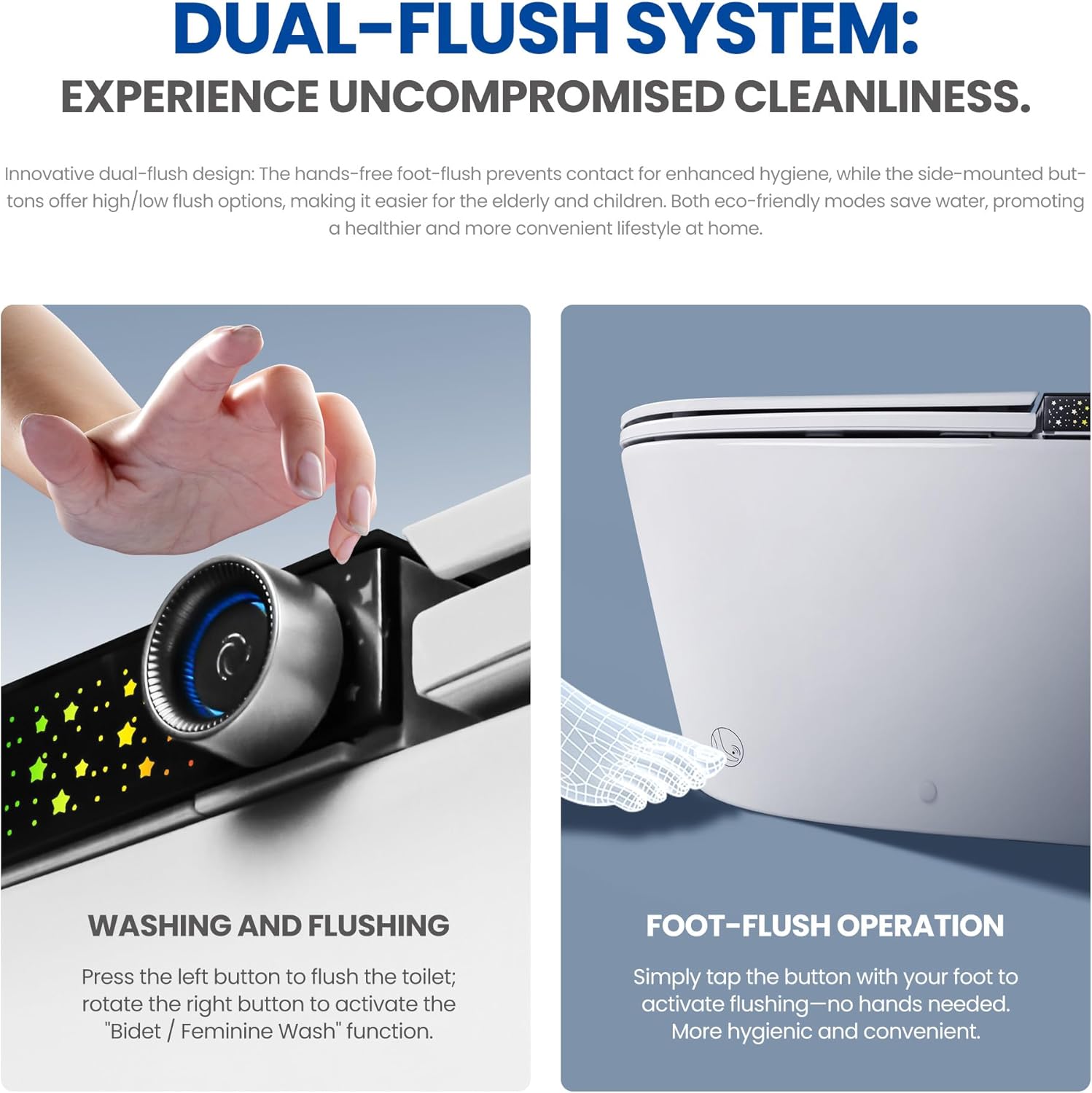 Smart Toilet with Bidet Wash & Air Dryer, Self-Cleaning Nozzle, 4-Level Heated Seat, LED Display, Quiet Dual Pump, Foot Sensor Flushing