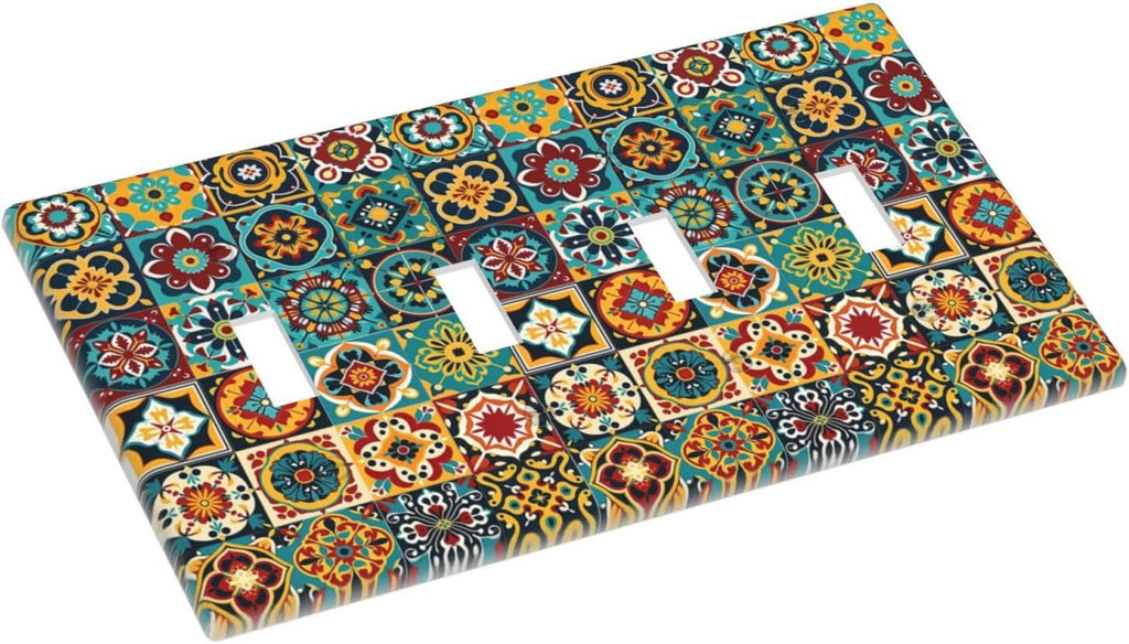 Light Switch Covers Mexican Talavera Colorful Mosaic Tiles Quad Toggle Electrical Faceplate 4 Gang Wall Plate Decorative Switch Plates For Bathroom Kitchen Decor