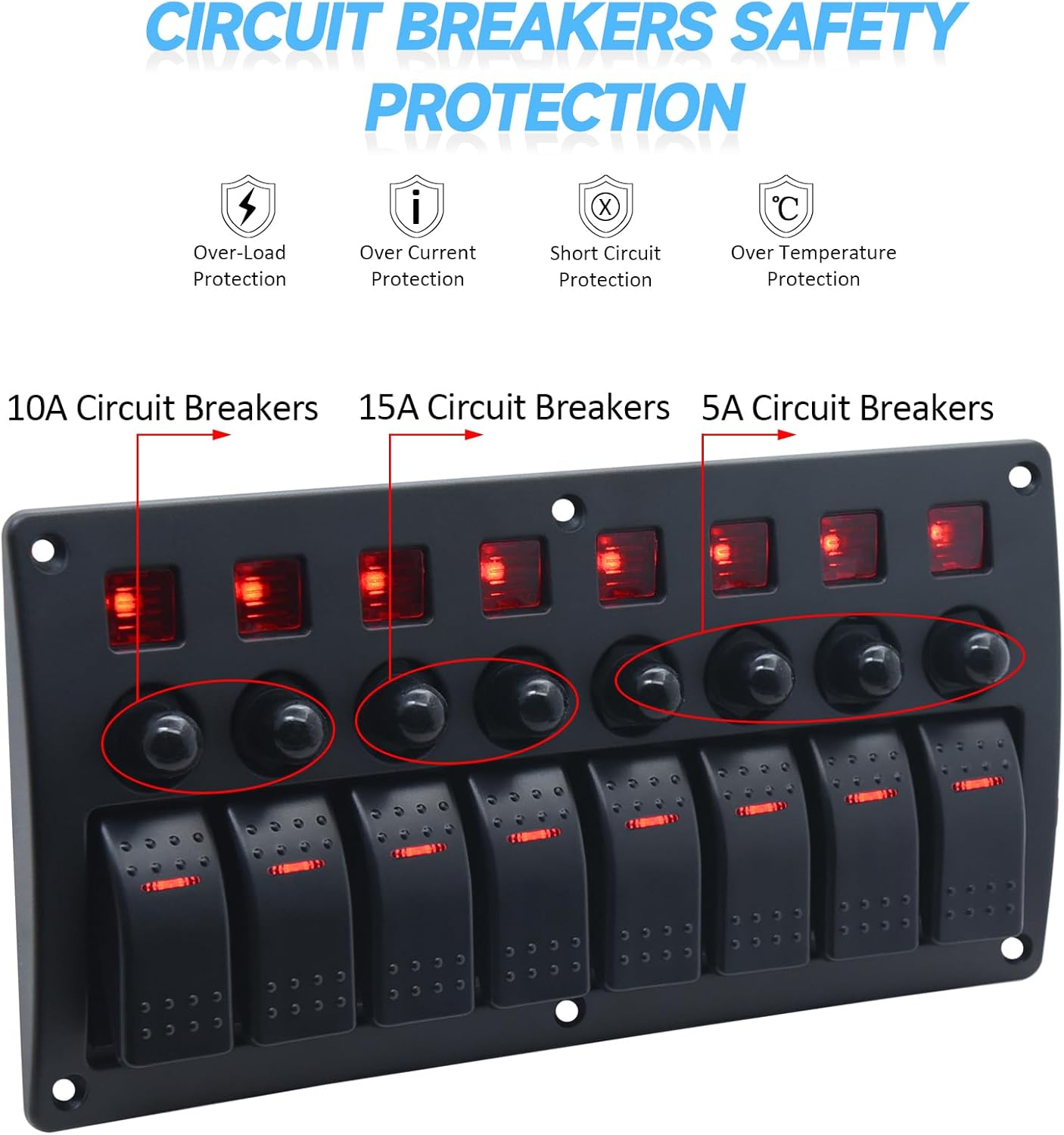 Geloo 8 Gang Marine Rocker Switch Panel, Boat Switch Panel Waterproof, 12V Switch Panel with Red LED Light, Aluminum Switch Panel for Car RV Truck with 5A 10A 15A Circuit Breaker
