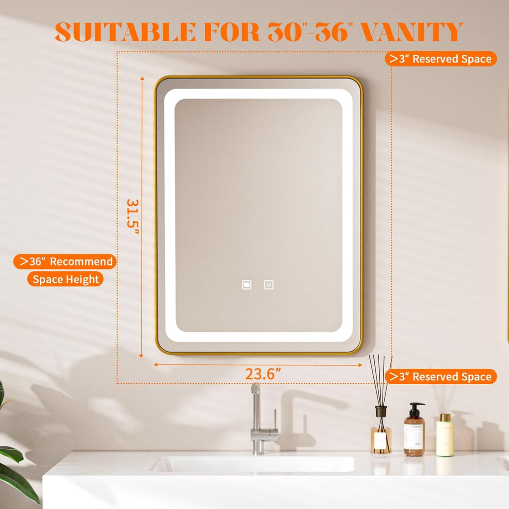 LED Bathroom Mirrors with Lights,24" x 36" Gold Square LED Mirror for Bathroom,Fogless,3 Colors Dimmable, Touch Sensor