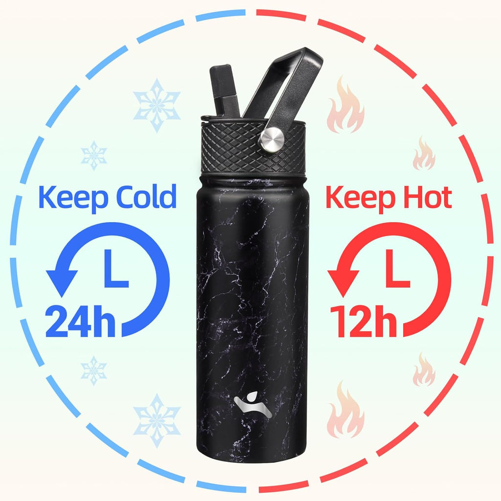 18 oz Insulated Water Bottle Stainless Steel Sport Bottles with 3 Lids,Marble Midnight
