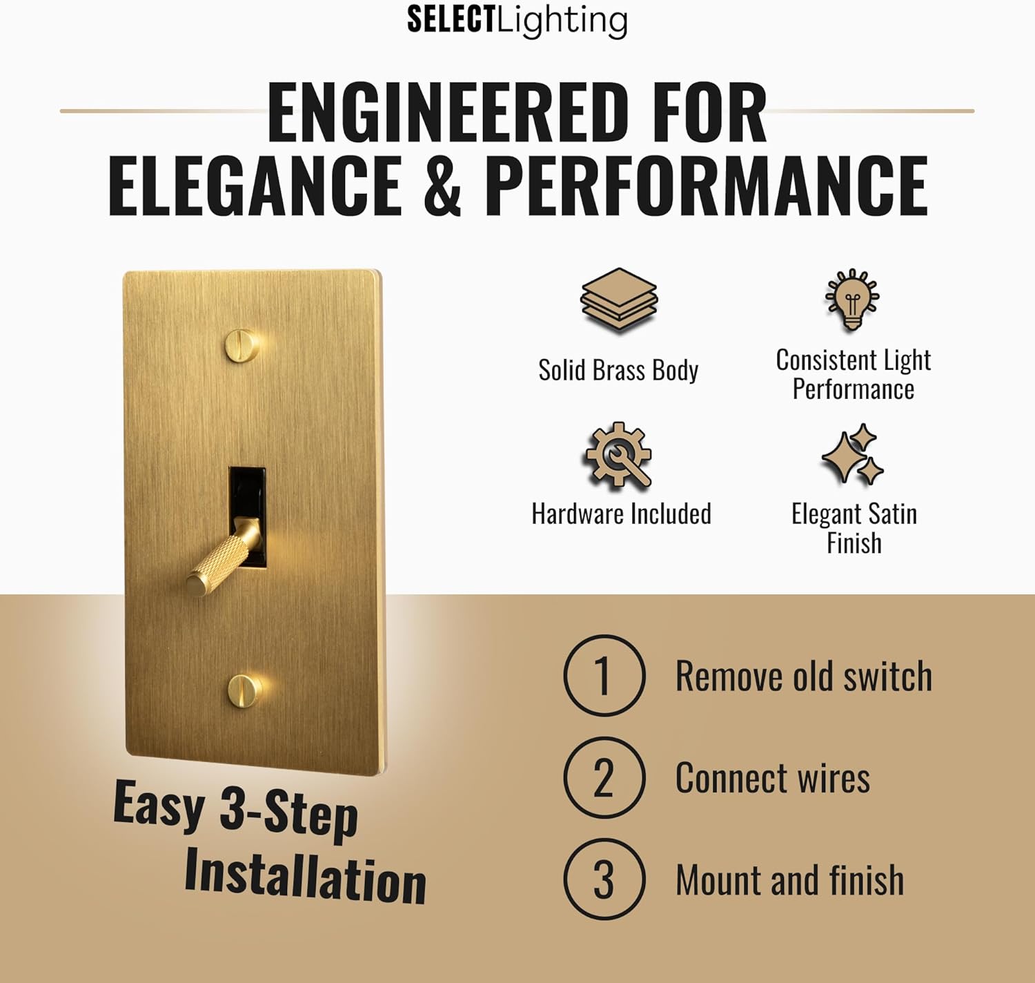 1-Gang Satin Solid Brass Plated Toggle Switch, 15A 120V AC Wall Mount, 3-Way Compatible Vintage Style Single Pole with Faceplate & Switch Module