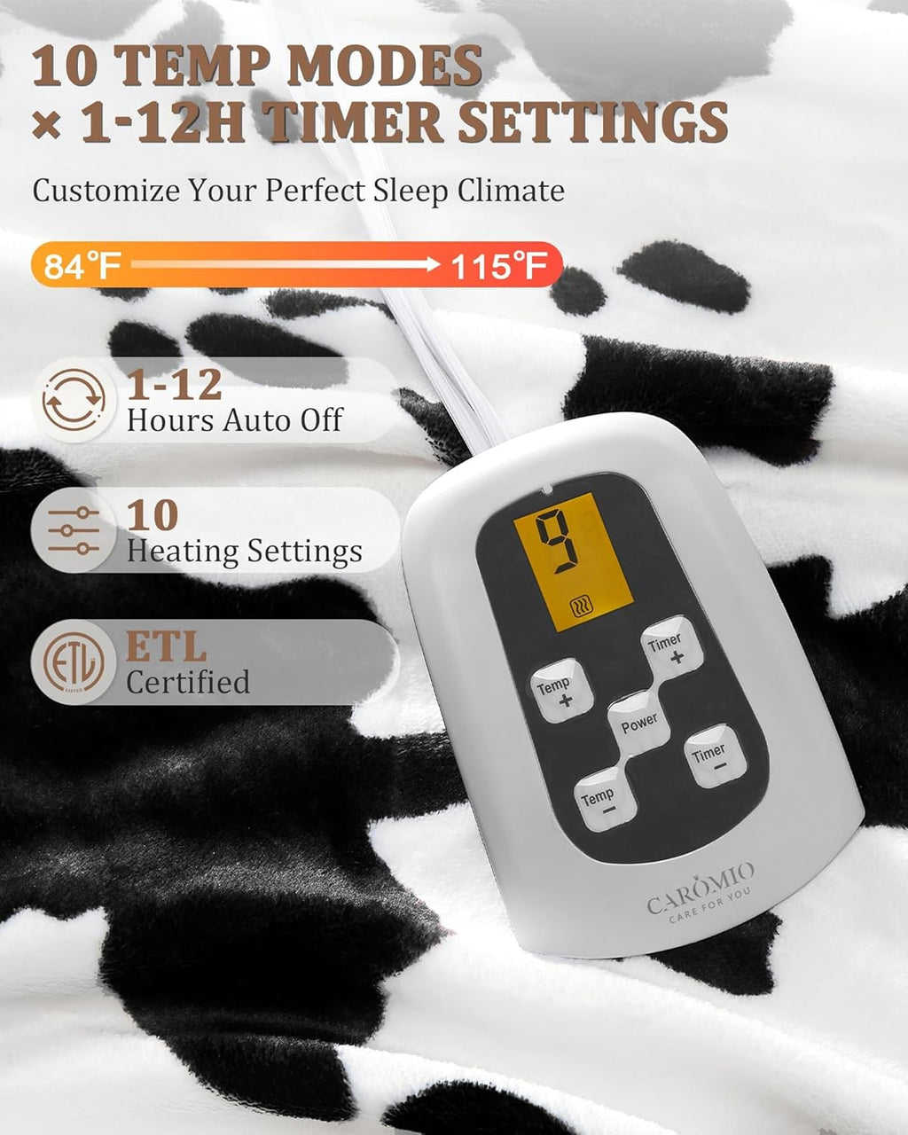 CAROMIO Heated Electric Blanket Twin Size, Cow Print Fast Heating Throw Blankets with LCD Controller, 10 Heat Levels & 1-12H Time Settings Auto Off, ETL Certified, Black White, 62" x 84"