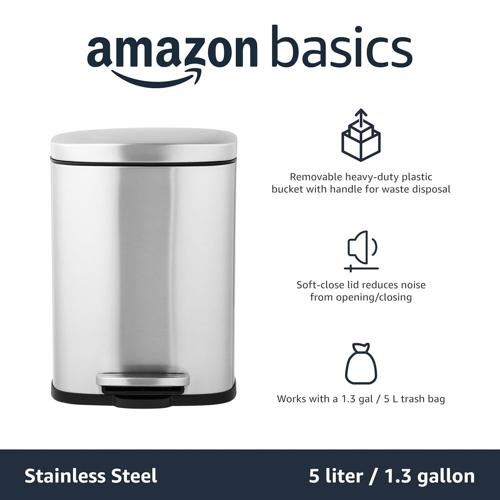 Amazon Basics Smudge Resistant Mini Rectangular Trash Can With Soft-Close Foot Pedal, Brushed Stainless Steel, for Bathroom & small space, 5L/1.32 Gal, 7.3x8.5x11.8 in, Satin Nickel Finish