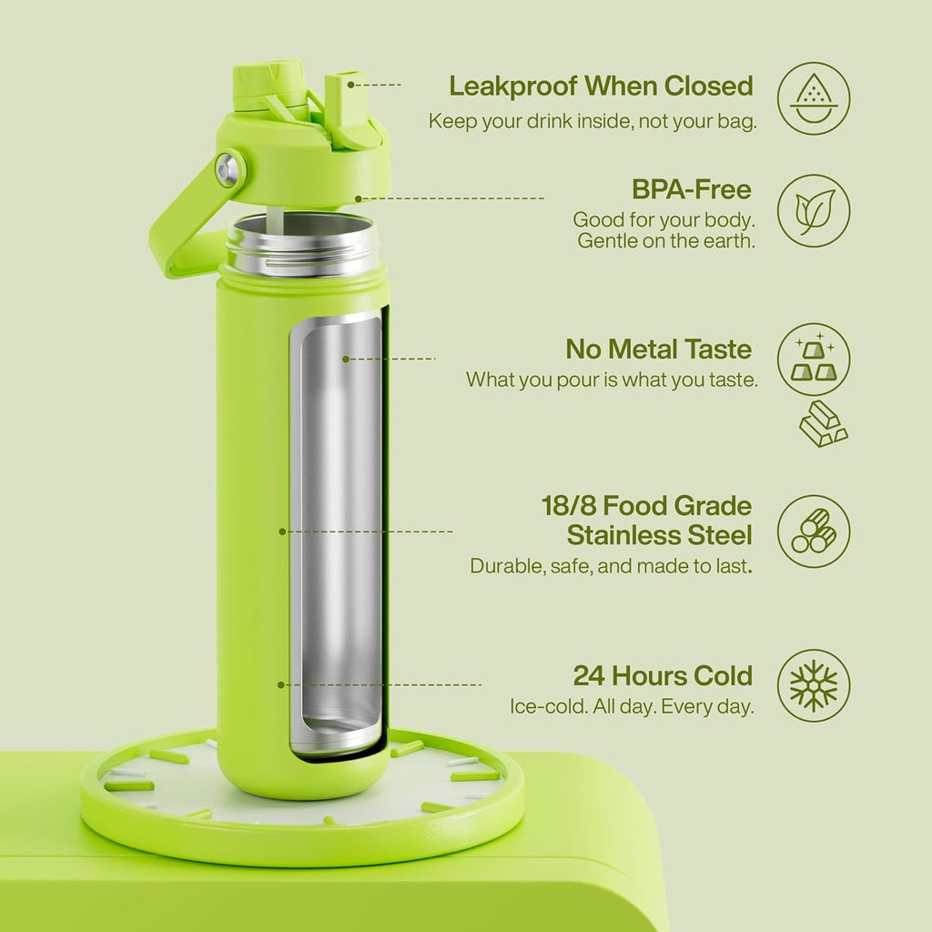 ENCOOL Insulated Water Bottle with Straw Stainless Steel Water Bottle, Leak-Proof, BPA-Free, Double Wall Vacuum Keeps Cold for 24 Hours for Sports, Travel, School (26 oz, Sharp Green)