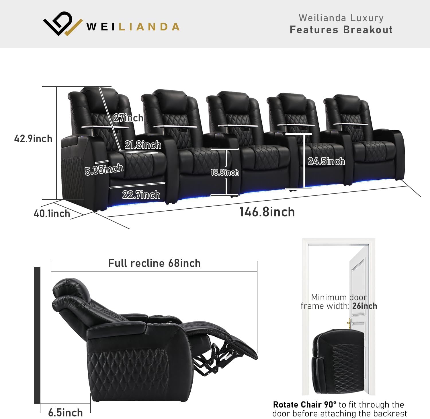 Weilianda Home Theater Seating Top Grain Leather Zero Gravity Recliner Chair Power Headrest Recline Movie Seat Gaming 7 Colors Mood Light Sofa with Tray Table USB Charge Row of 5 Black