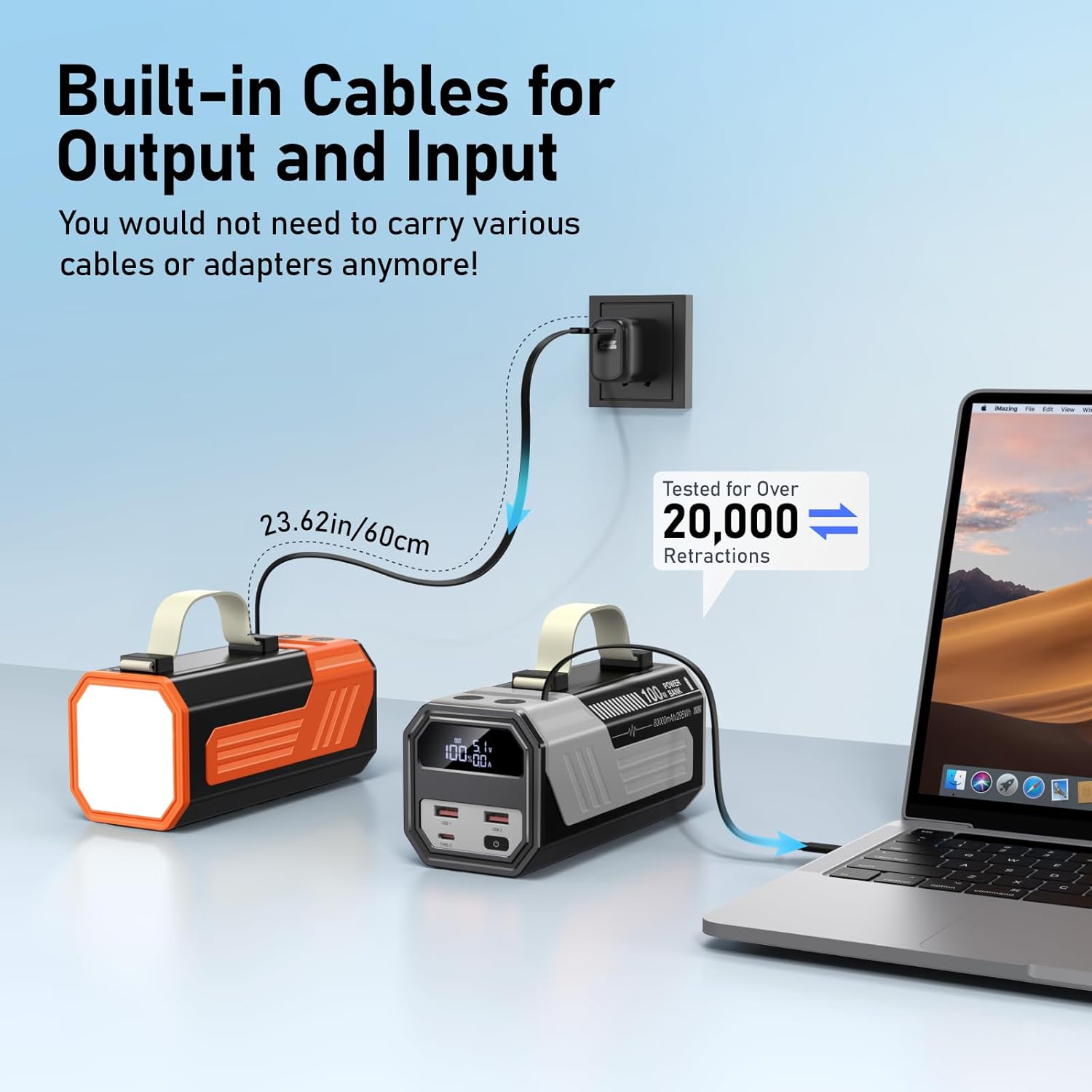 Laptop Power Bank,80,000mAh Portable Charger with 100W USB-C Ports, Built-in and Retractable Cables,100W Input, Fast Charging for MacBook Pro/Air/iPhone 16/iPad Pro/Galaxy S25 Ultra and More