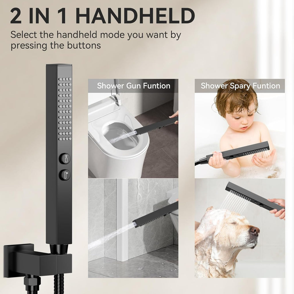 Shower Faucet Set, 12" Shower System with Rain Shower and Handheld, Ceiling Mount Dual Head Can Run All Together For Two People, 3 Way Shower Valve with 5 Diverter Complete, Matte Black