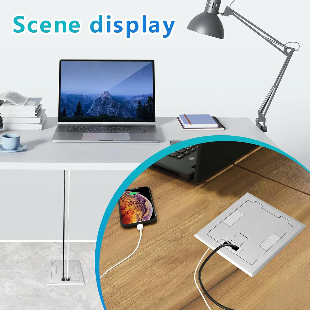KYHSHJ Recessed Flat Hidden Socket Kit with 2 * 20A Receptacle，4.8A 1 USB-A Ports &1 USB-C Port+3-Port RJ45 Datacom Receptacle.Internal Height Adjustable，Corrosive Resistant Hardware,Silver