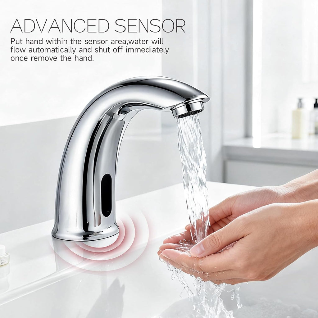 Touchless Bathroom Sink Faucet Automatic Motion Sensor Hands Free Faucet with Hole Cover Plate and Temperature Mixer,Commercial Solid Brass Faucet,AC/DC Powered,1 Hole or 3 Hole (Chrome)