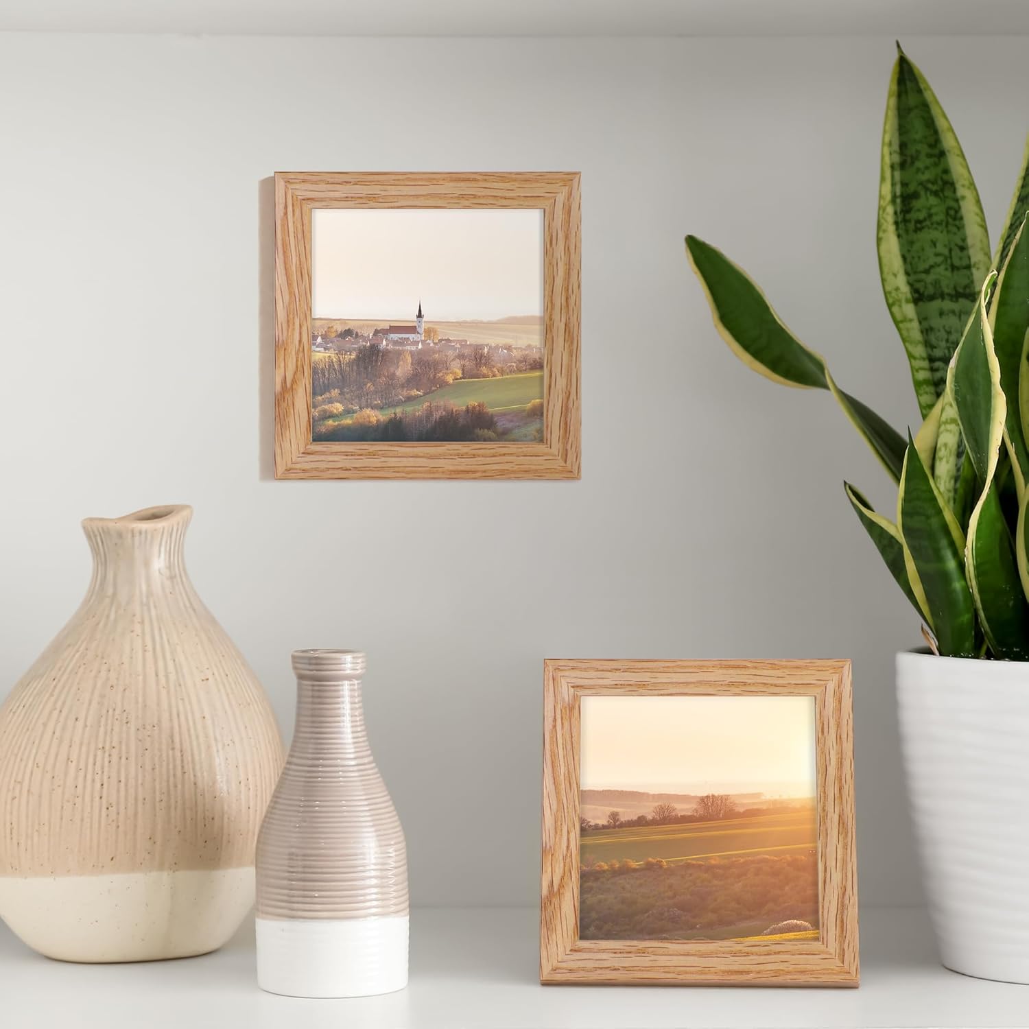 Solid White Oak Wood 4x4 Picture Frame - Set of 2 with Tempered Real Glass for Wall & Tabletop Display