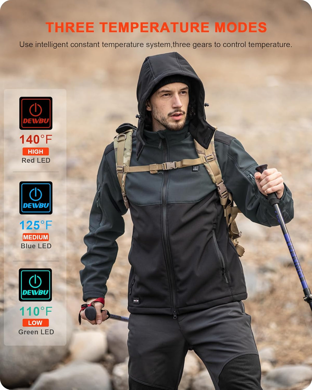 DEWBU Soft Shell Heated Jacket for Men with 12V Battery Pack and Detachable Hood Outdoor Electric Heating Coat