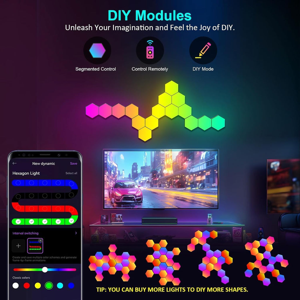 Hexagon LED Lights 12 Pack - RGB Wall Panels with Music Sync, Smart App & Remote Control, DIY Modular Hex Light for Gaming Room, Bedroom, Living Room, Wall Decor