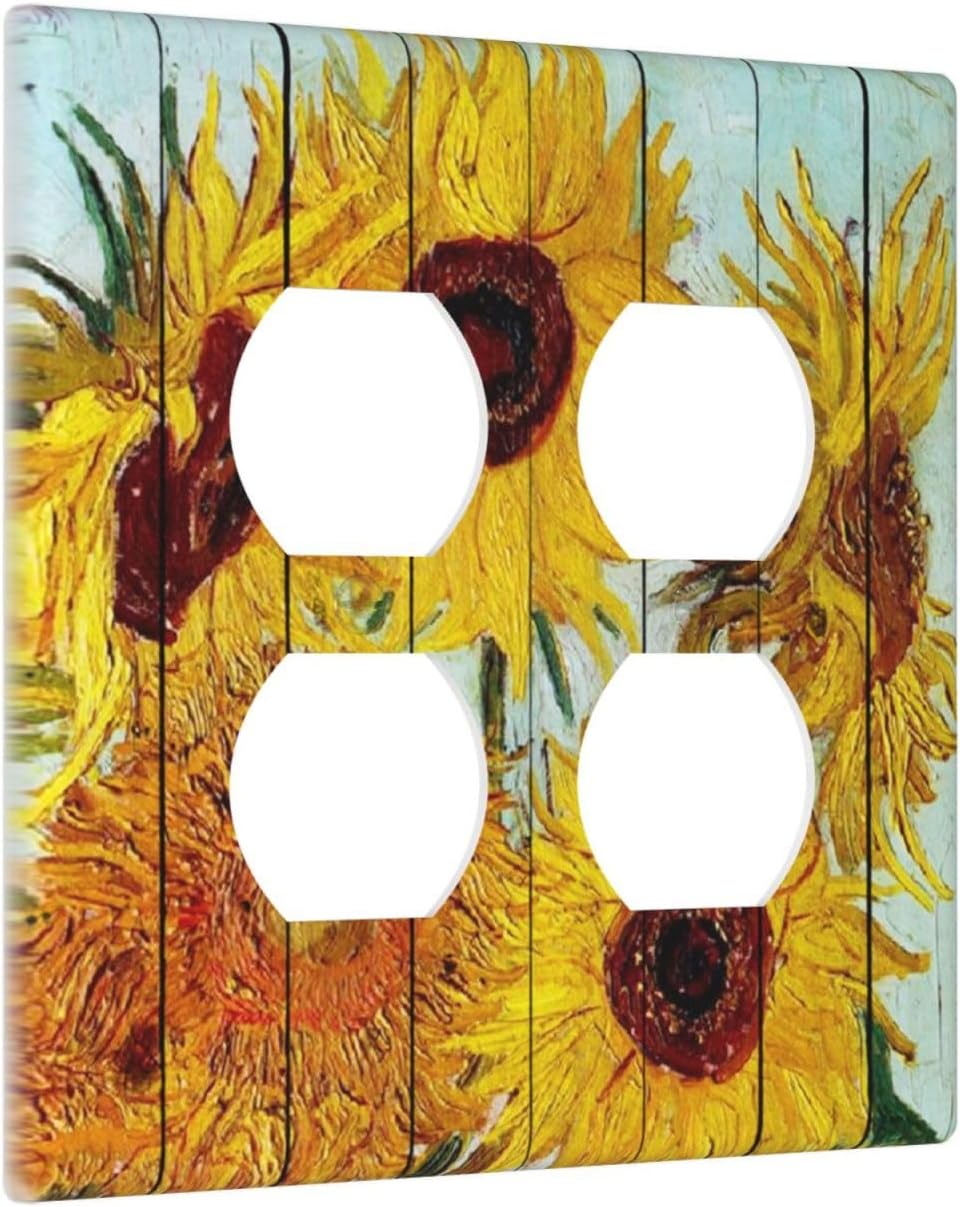 Outlet Covers Sunflowers Oil Paintings Wood Floral 2 Gang Double Duplex Decorative Light Switch Covers Electrical Wallplates Socket Faceplate For Farmhouse Bed Room Decor